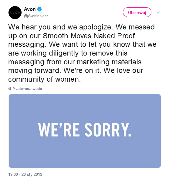 Avon przeprasza na Twitterze za reklamę antycellulitowego żelu