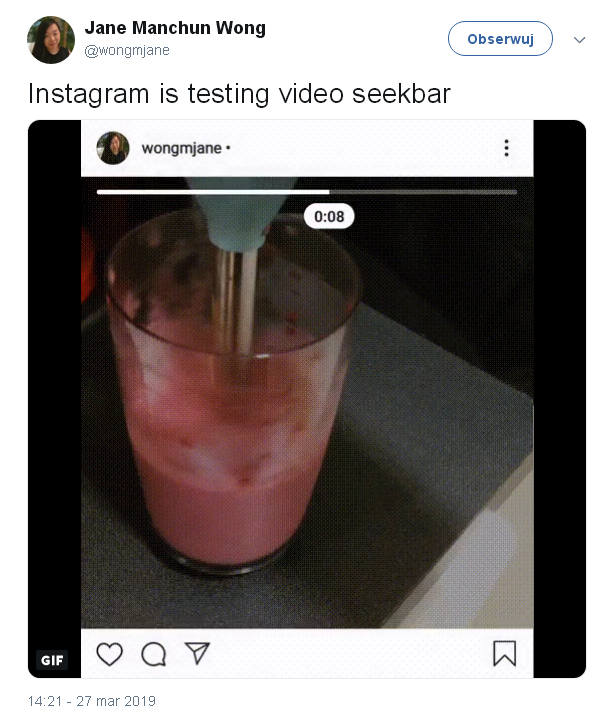 Testy nowej funkcji wideo na Instagramie - tweet @wongmjane