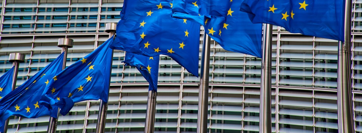 Flagi Unii Europejskiej na tle budynku Komisji Europejskiej