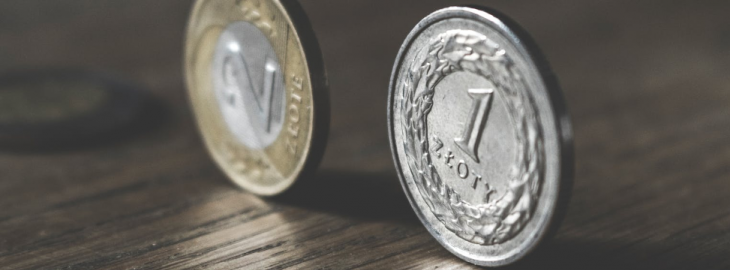 dwie polskie monety stojące bokiem na stole