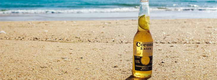 butelka piwa Corona stojąca na brzegu morza