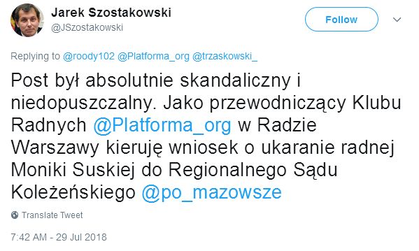 Wpis Jarosława Szostakowskiego na Twitterze