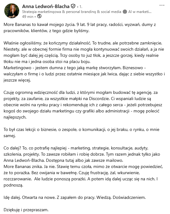 Screen Anna Ledwoń-Blacha na LinkedInie