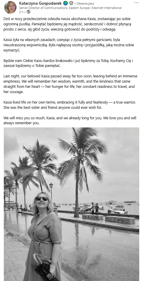 Wpis na LinkedInie Katarzyny Gospodarek
