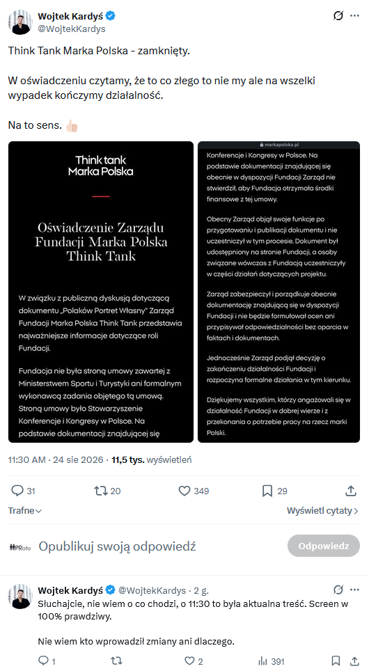 Screen wpisu Wojtka Kardysia na X - oświadczenie Fundacji Marka Polska Think Thank przed zmianami
