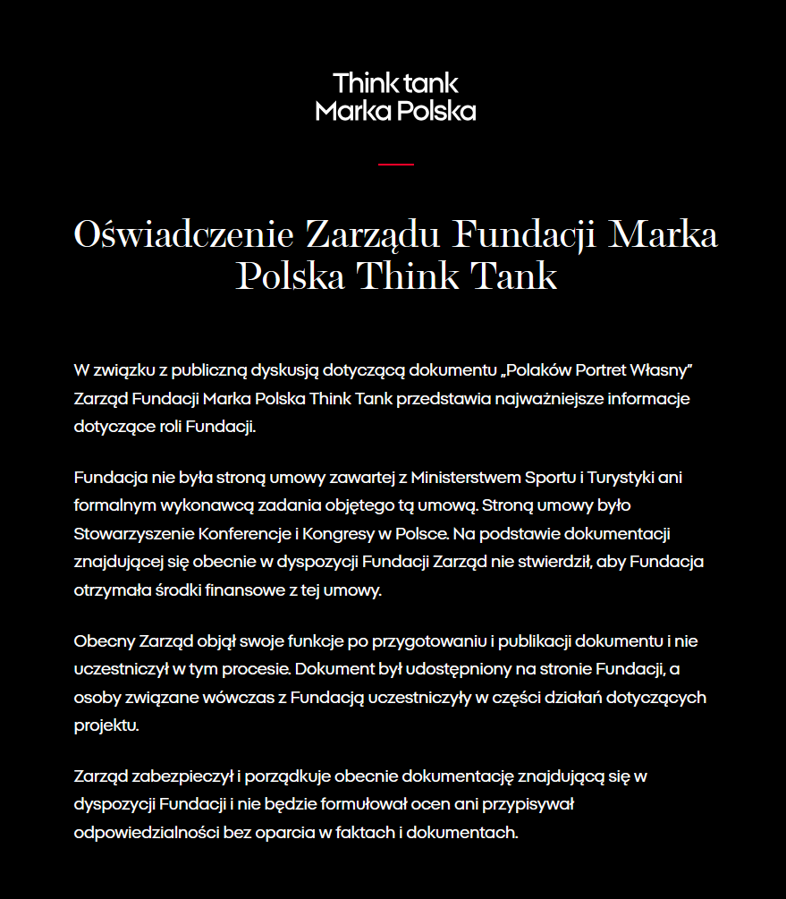 Screen oświadczenia Fundacji Marka Polska Think Tank, źródło: markapolska.pl