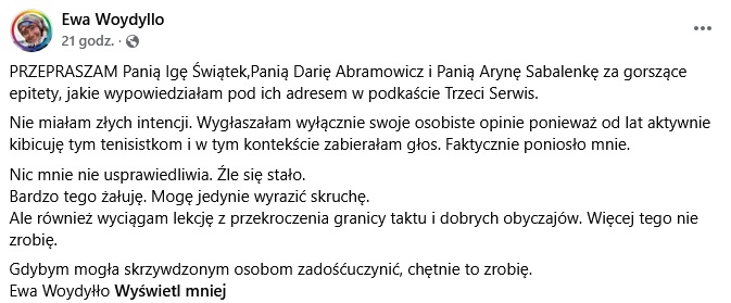 Wpis Ewy Woydyłło na Facebooku